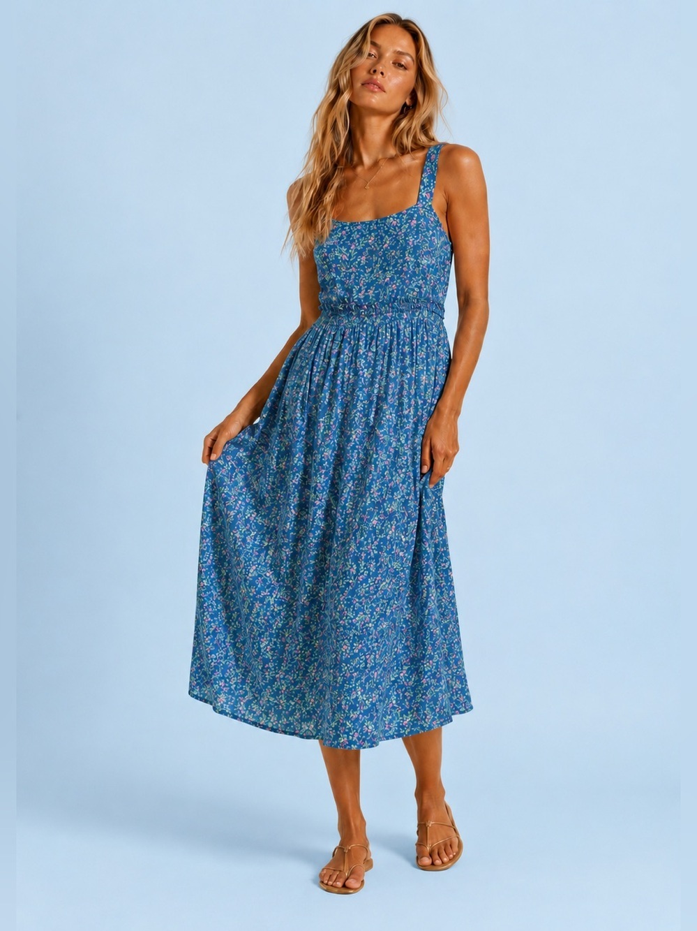 Vintage Cherokee Cotton Cottagecore Dress Midi Ditsy Floral Blue Romantic Spring